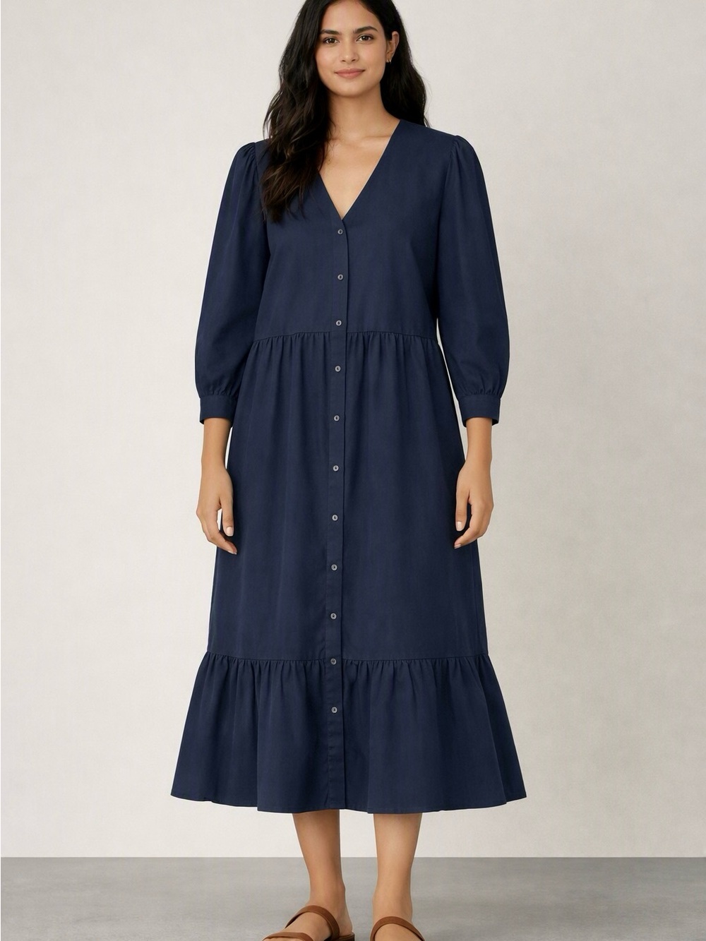 Sea New York Button Down Poplin Midi Dress navy blue Sz 6 Minimalist Cottagecore